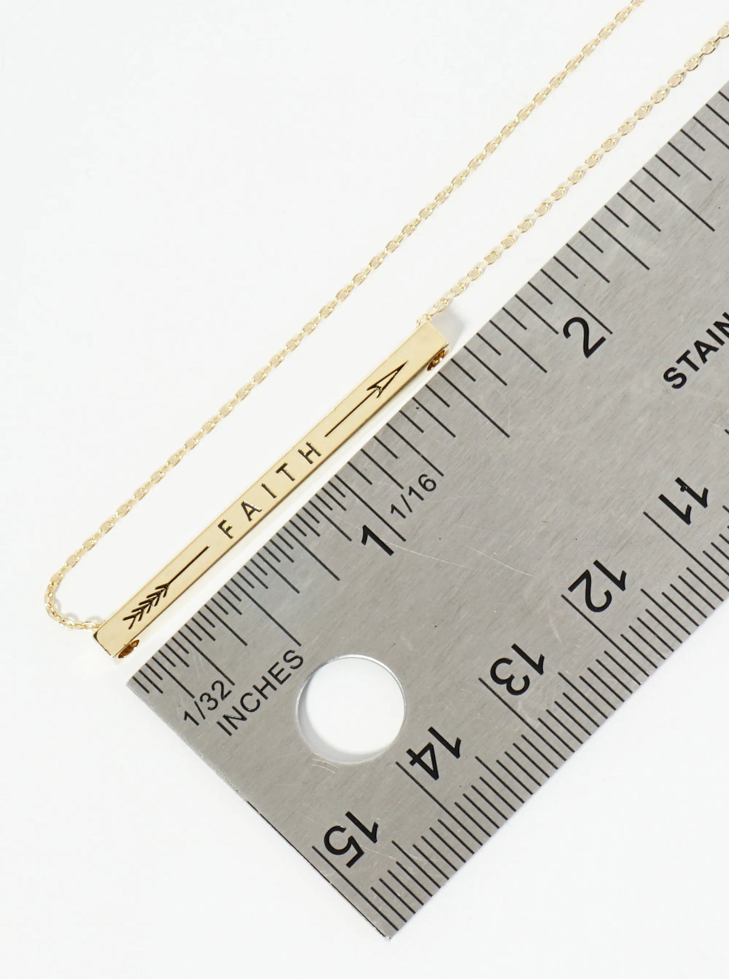 Faith Arrow Engraved 18K Gold Dipped Horizontal Brass Bar Pendant Inspirational Necklace