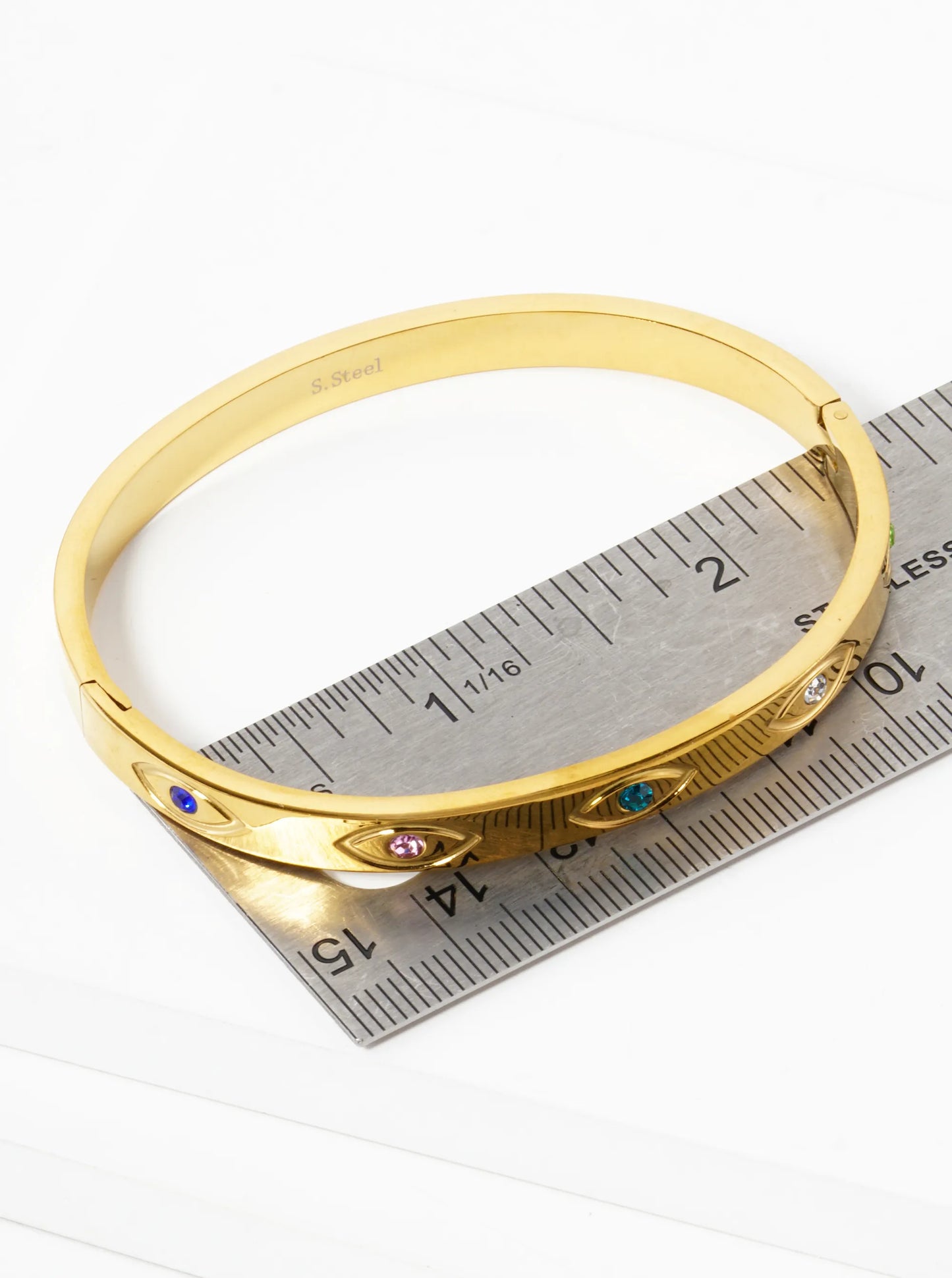 Five Evil Eye Engraved 6mm Thick Stainless Steel Open Bangle Bracelet
