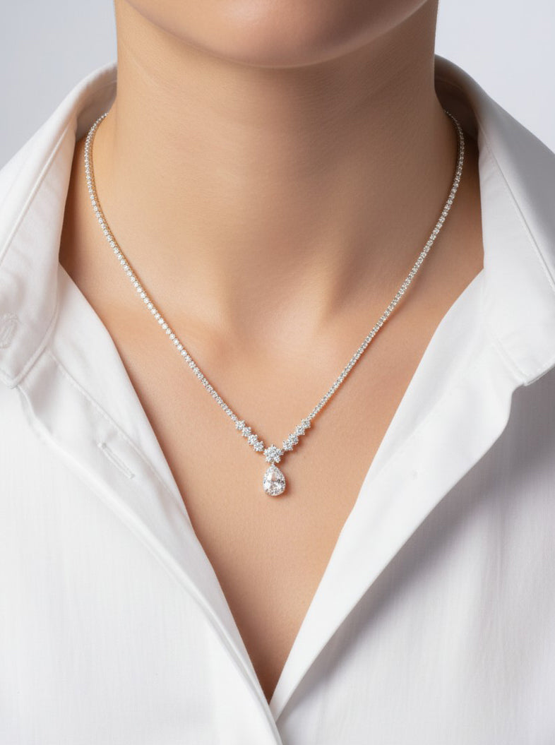 Floral Oval Halo Tennis Necklace With CZ