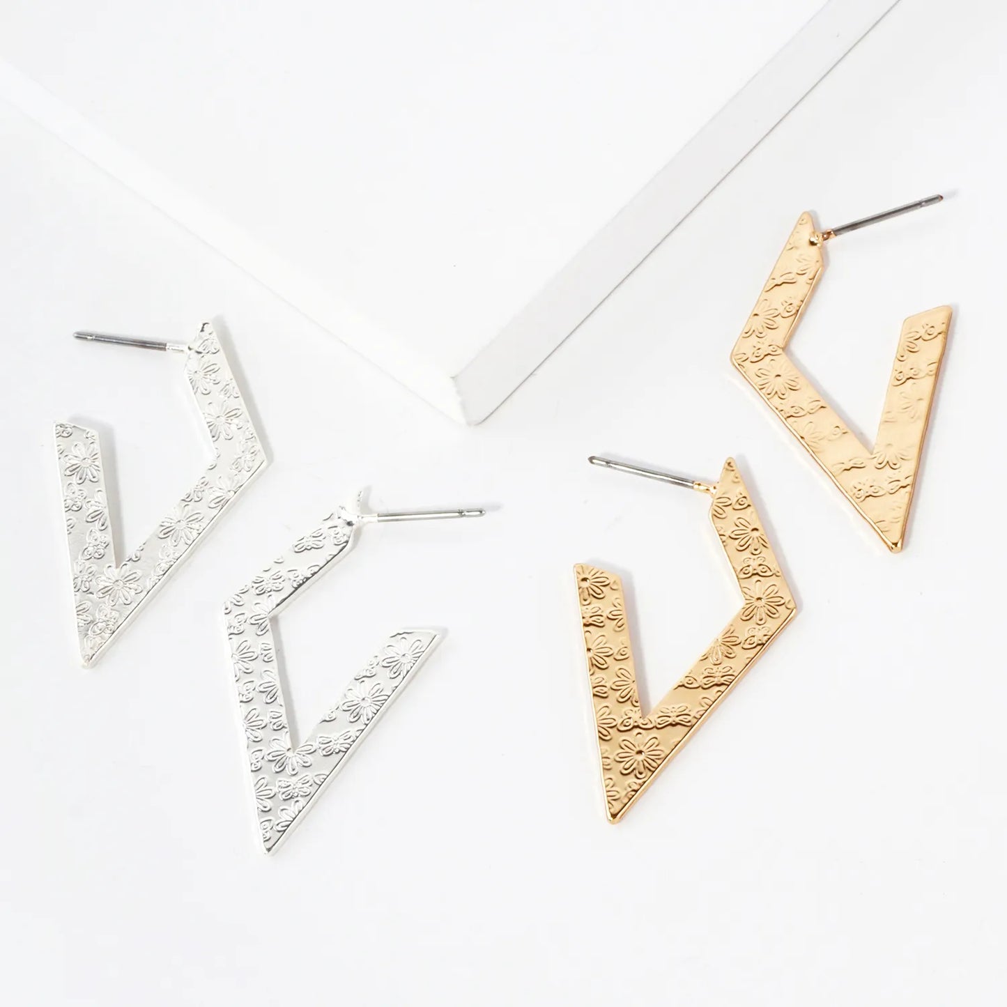 Floral-Patterned Geometric Diamond-Shaped 30mm Flat Hoop Earrings