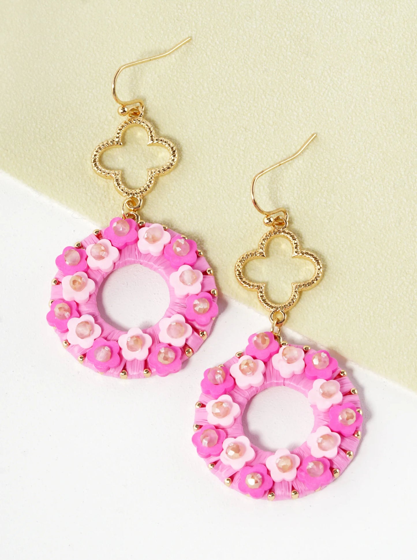 Flower Beaded Raffia Wrapped Circle Drop Quatrefoil Dangle Earrings