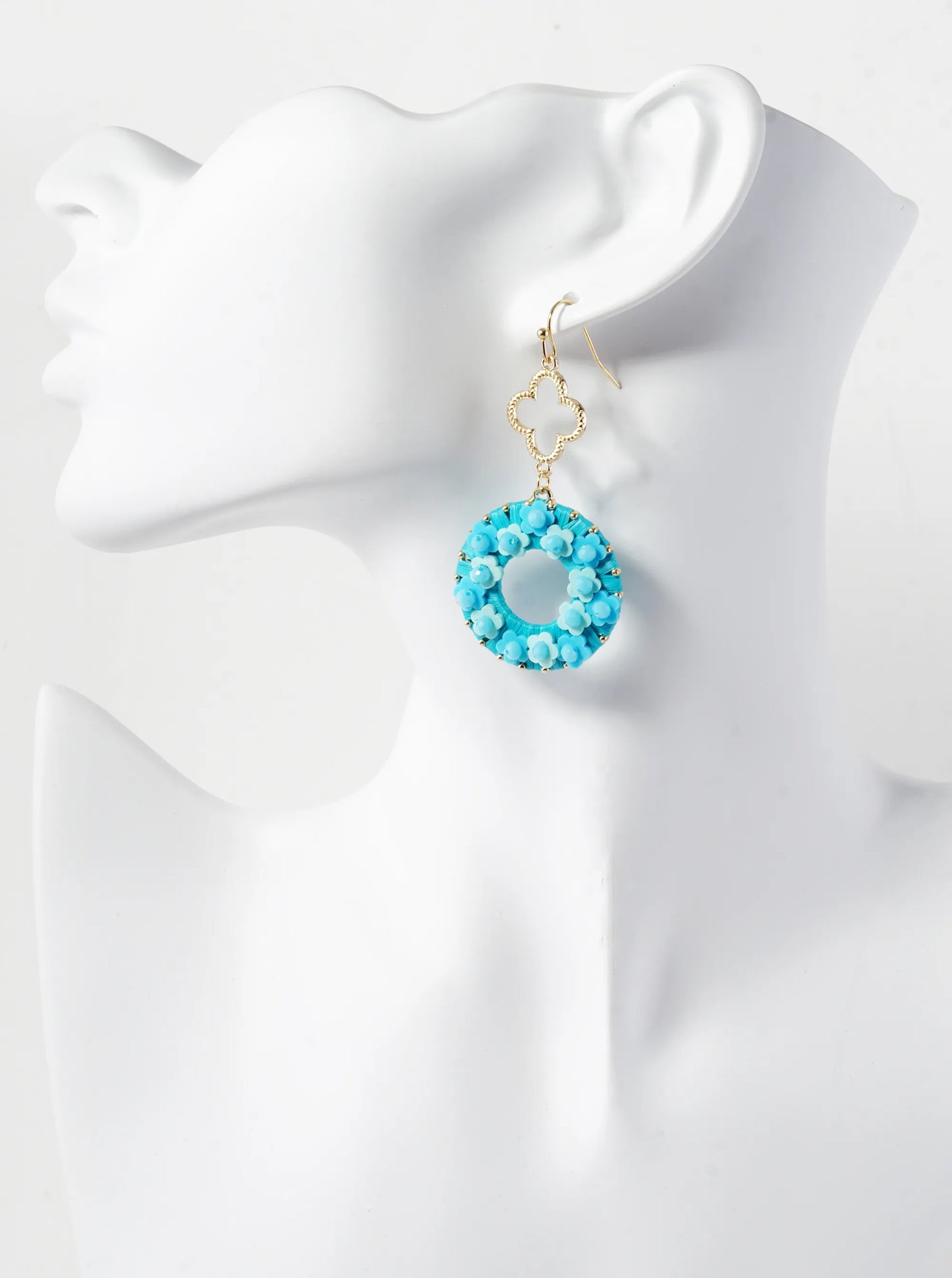 Flower Beaded Raffia Wrapped Circle Drop Quatrefoil Dangle Earrings