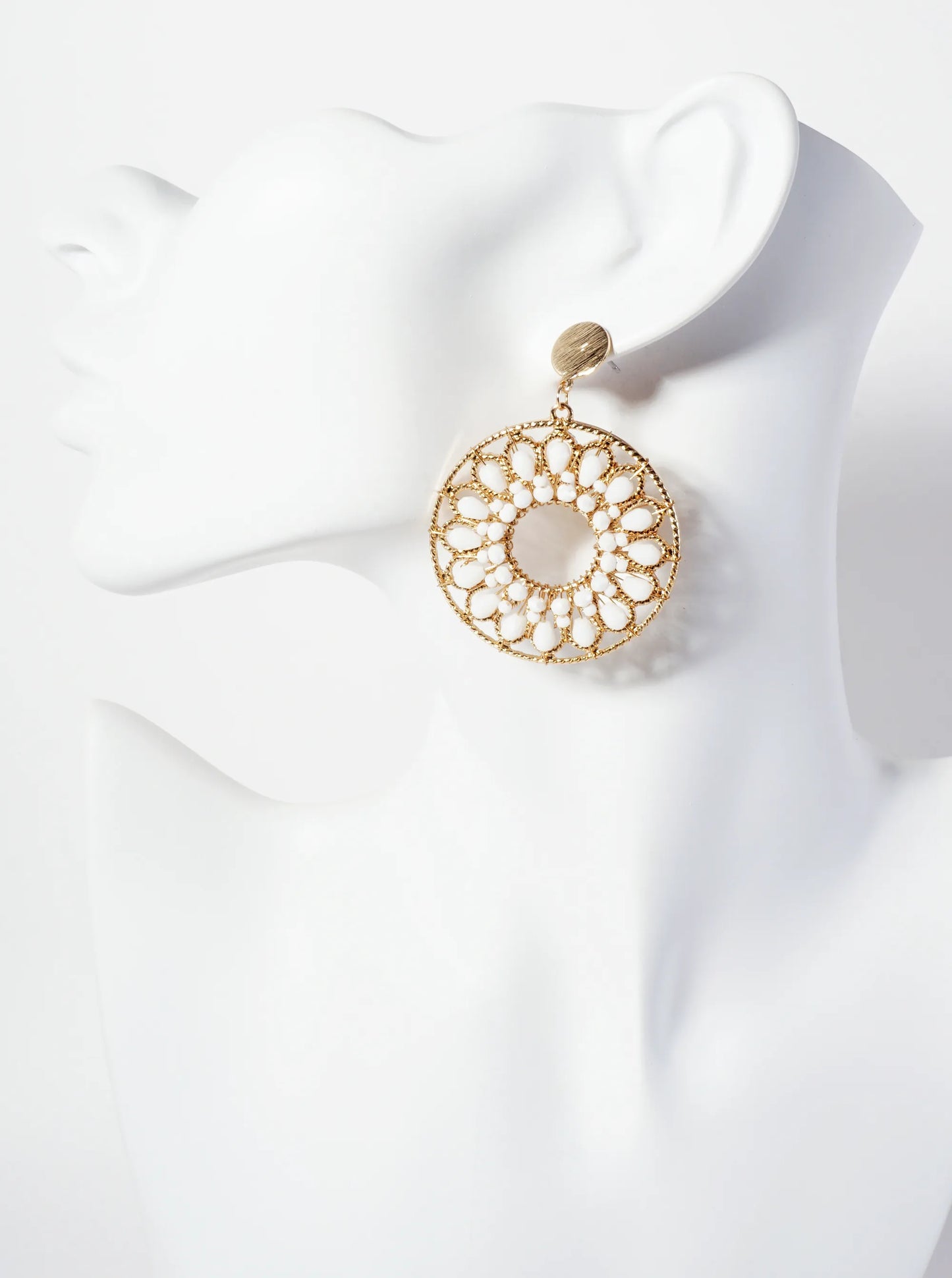 Flower Pattern Glass-Beads Wire Wrapped Round Statement Earrings