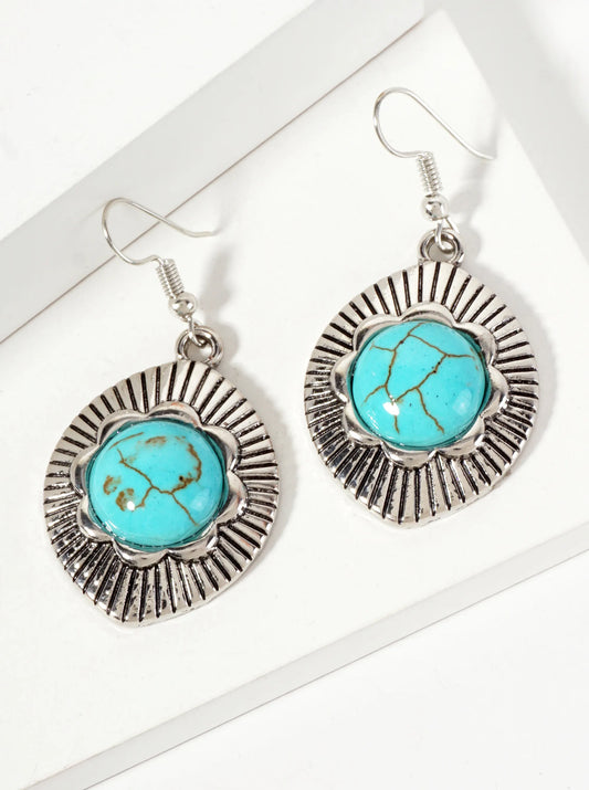 Flower-Shaped 14mm Semi-Precious Natural-Stone Textured Marquise Drop Earrings