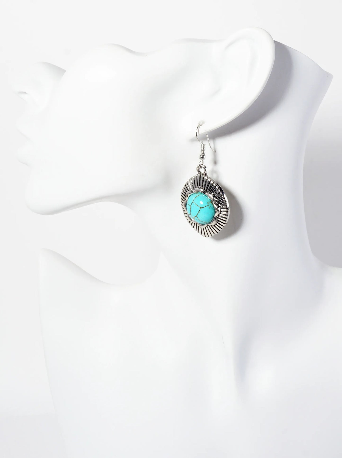 Flower-Shaped 14mm Semi-Precious Natural-Stone Textured Marquise Drop Earrings