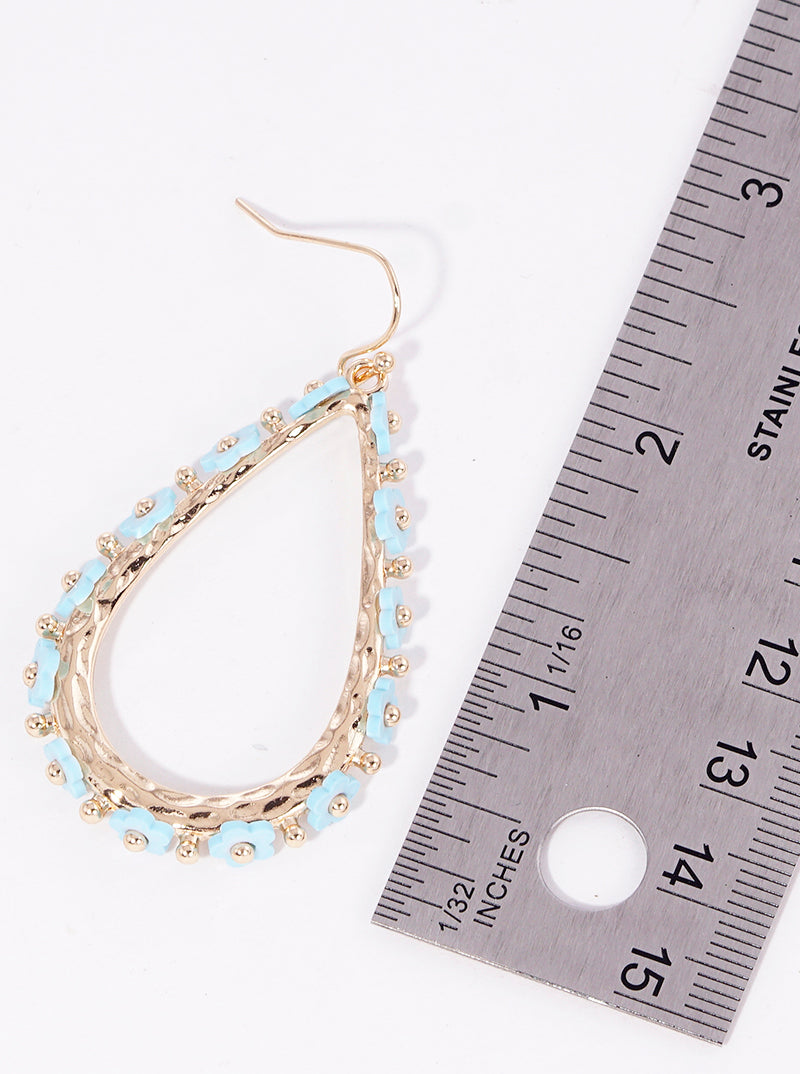 Flower Beaded Metal Hammer Textured Teardrop Dangle Earrings
