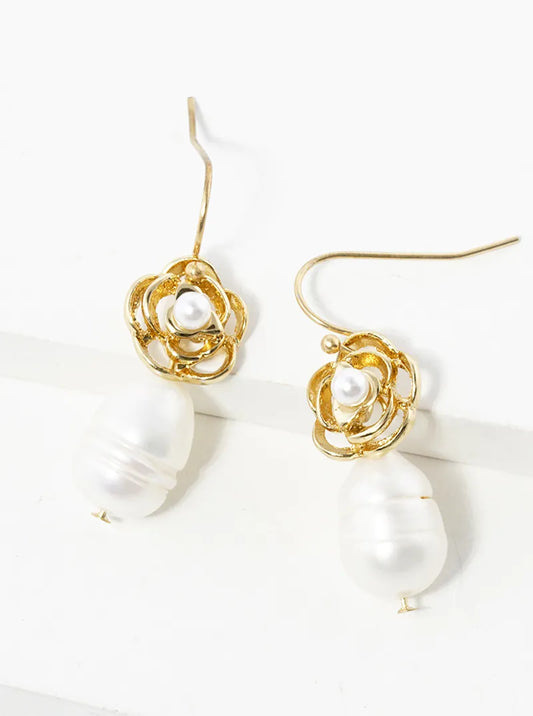 Freshwater Pearl Drop Flower Dangle Drop Earrings