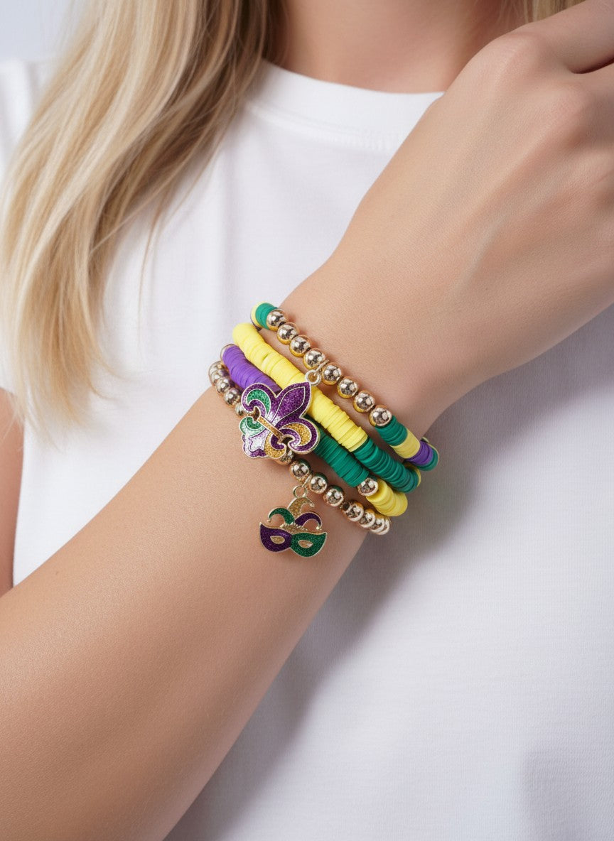 Mardi Gras Clay Bead Stacked Stretch Bracelet