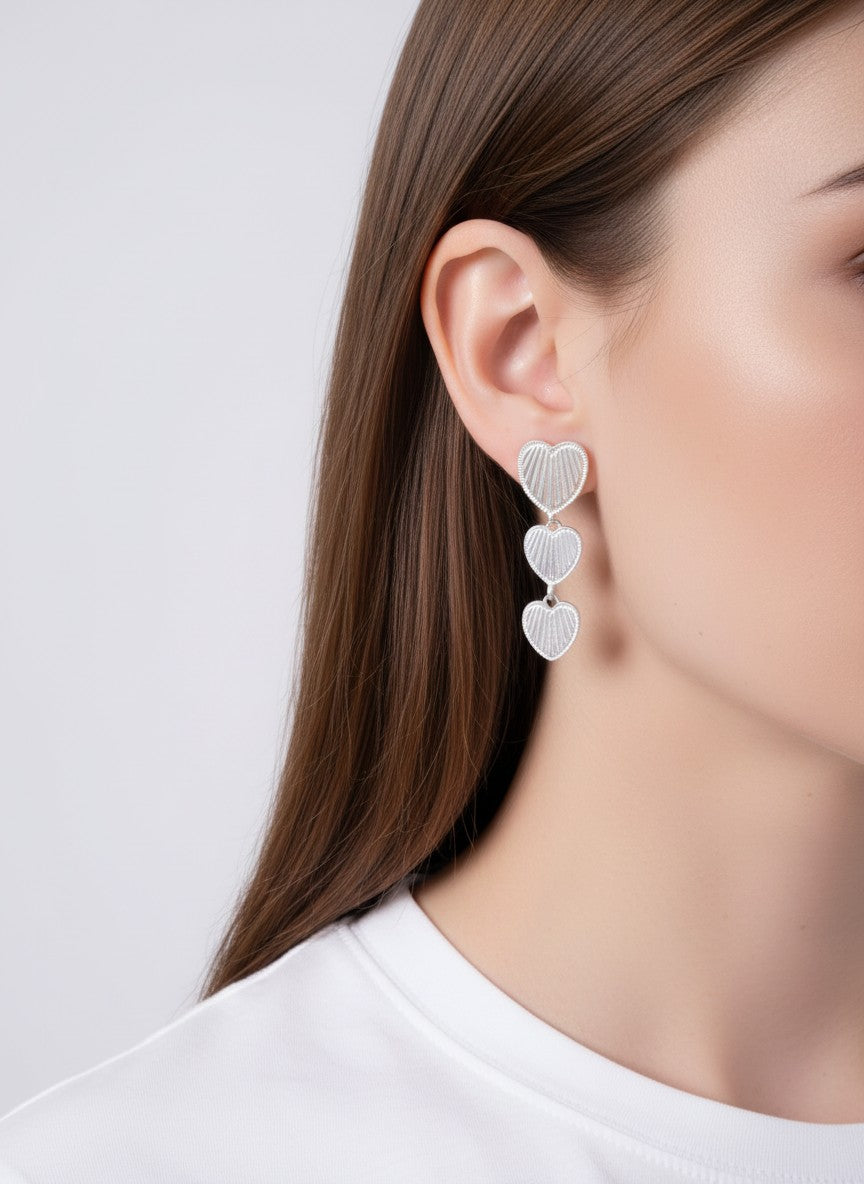 Ribbed Triple Heart Matte Post Drop Earrings