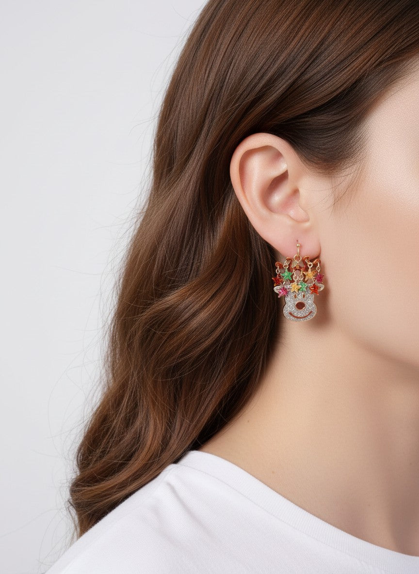 Glitter Enamel Reindeer Star Drop Earrings