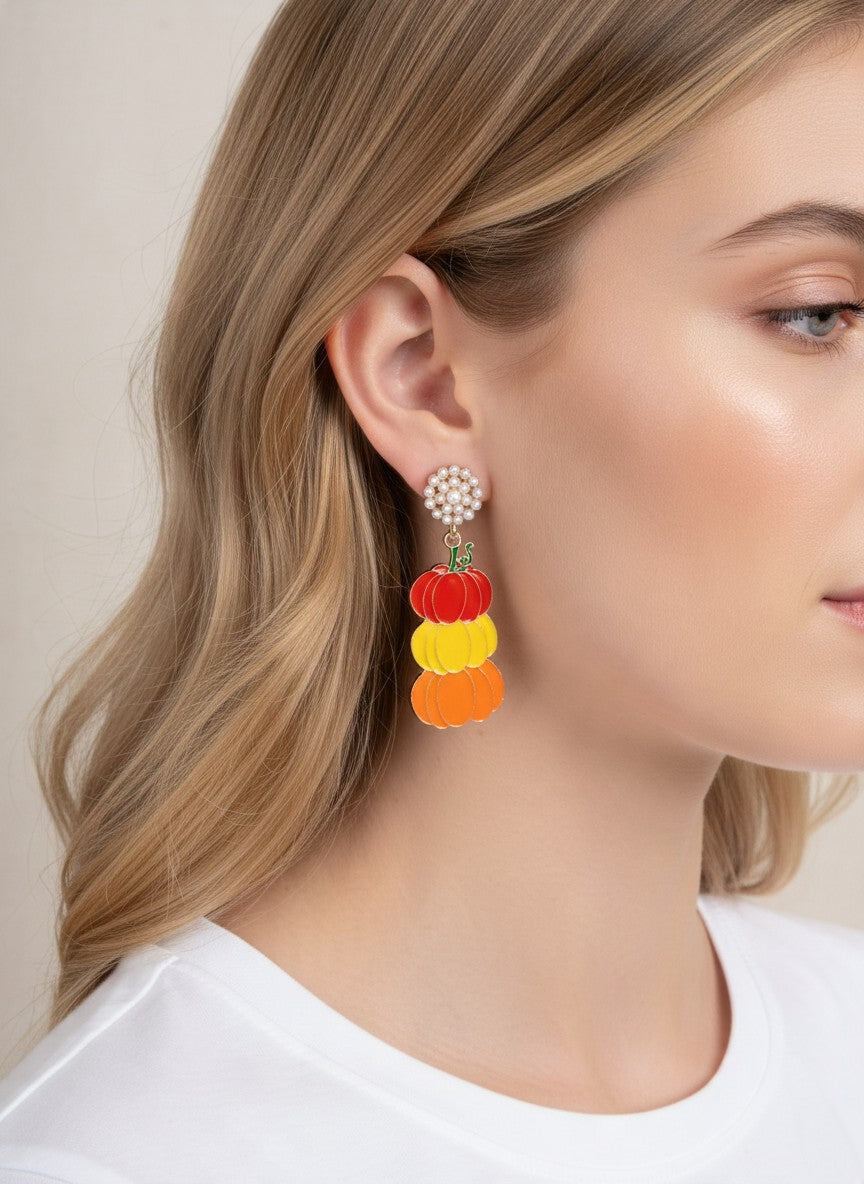 Pearl Cluster Enameled Pumpkin Drop Earrings