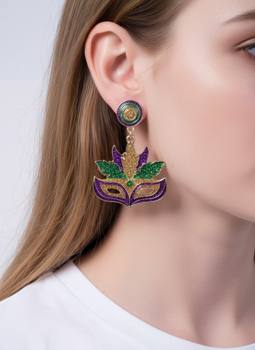 Glitter Mardi Gras Mask Post Drop Earrings
