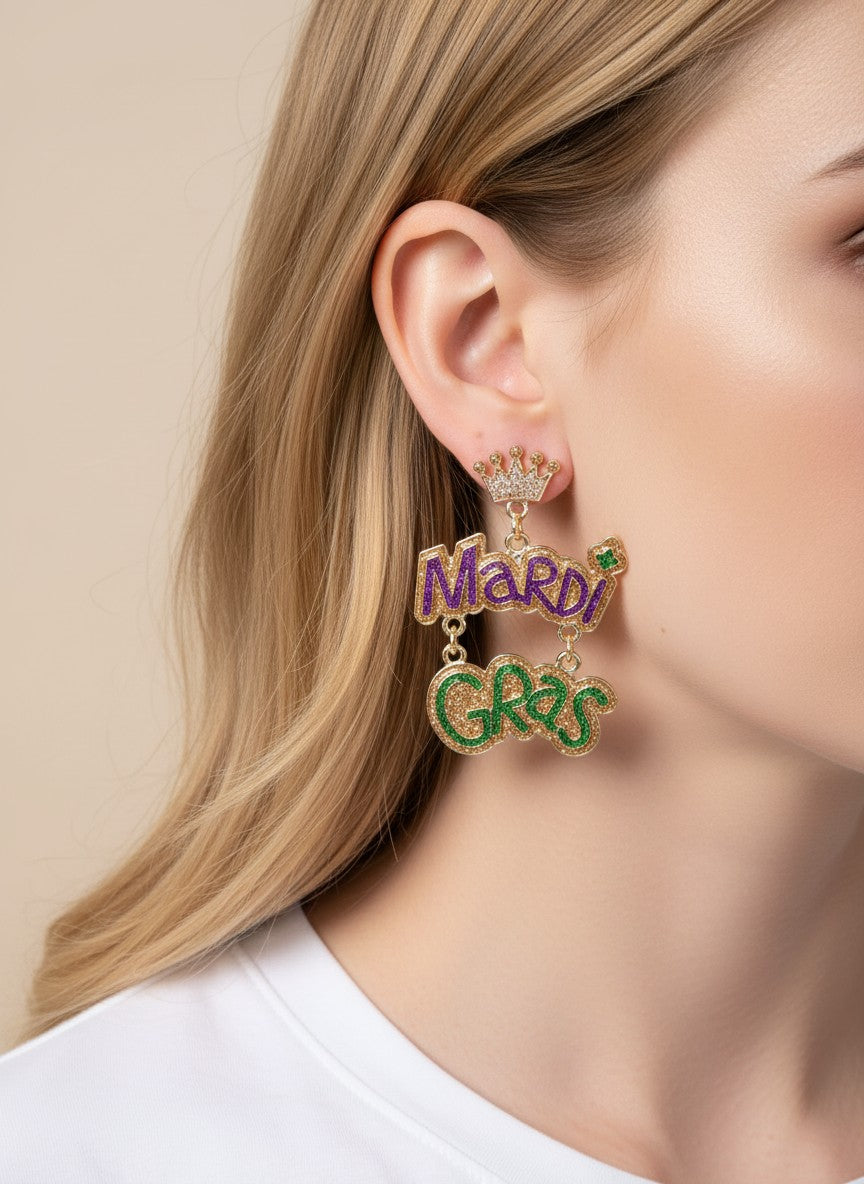 Glitter Mardi Gras Crown Post Drop Earrings