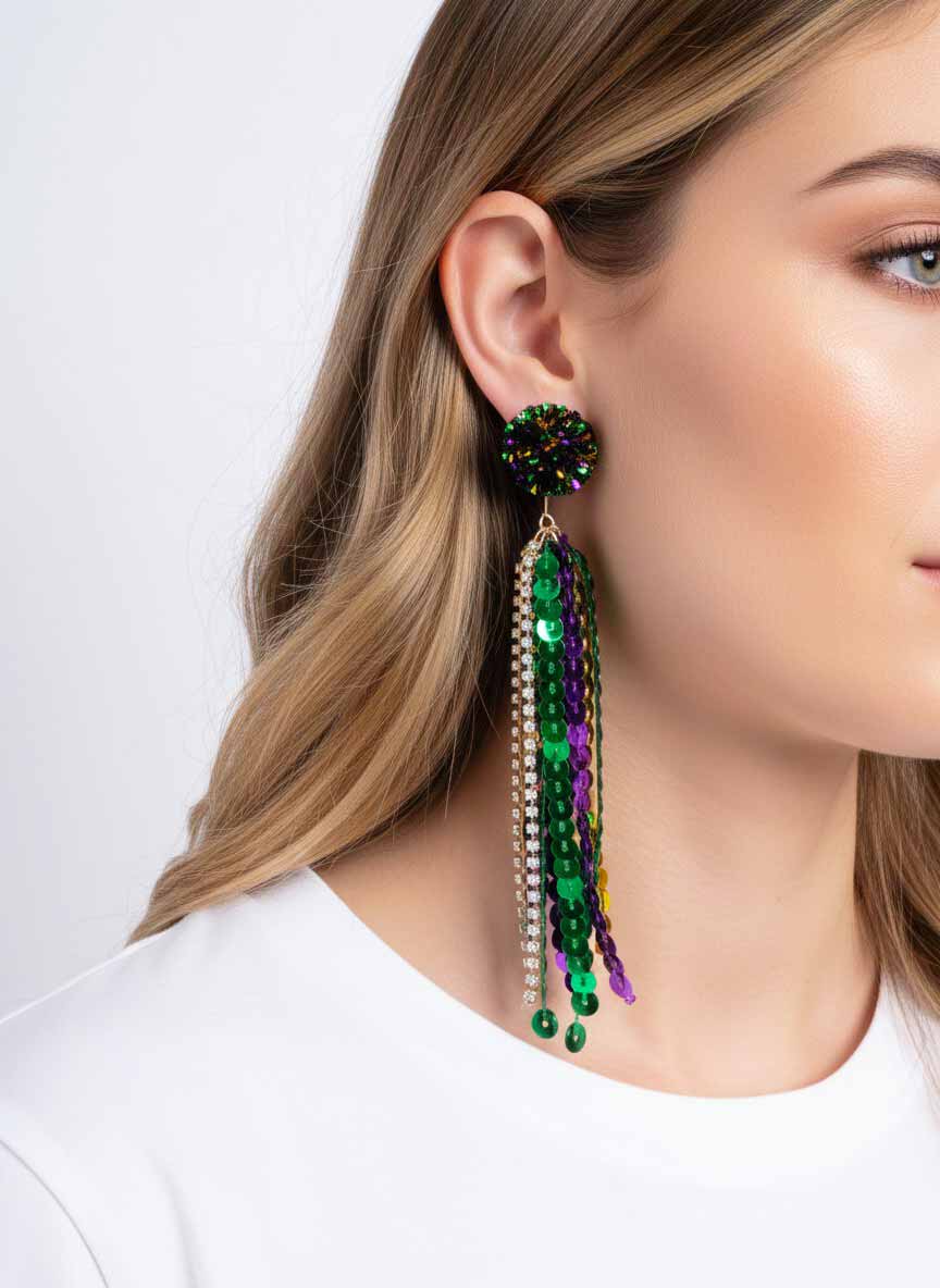 Mardi Gras Sequin Beaded Tassel Post Earrings