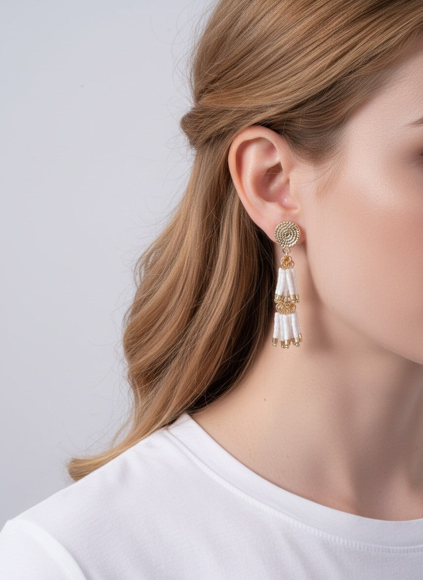 Seed Bead Double Tassel Post Earrings