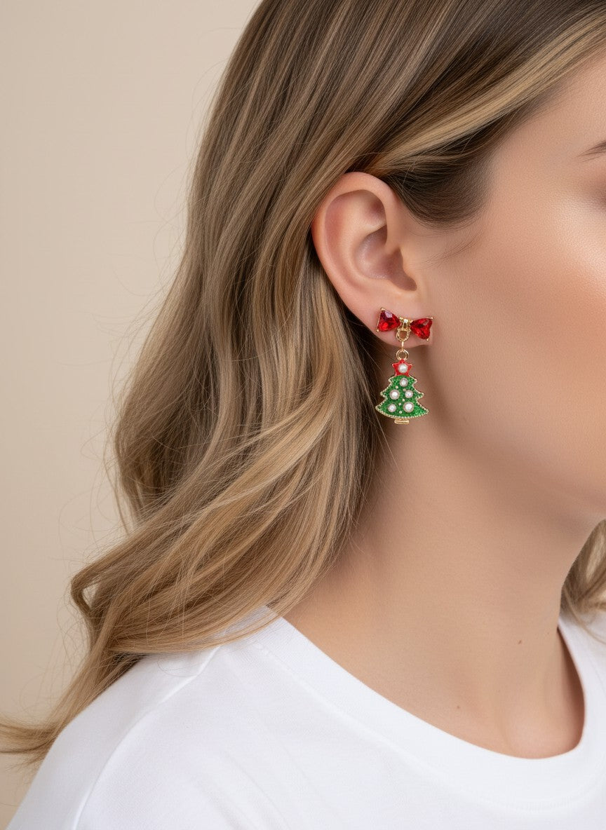 Pearl Christmas Tree Bow Post Drop Earrings