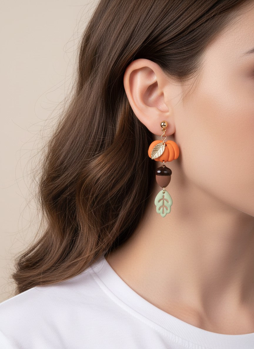 Pumpkin Acorn Leaf Matte Post Drop Earrings