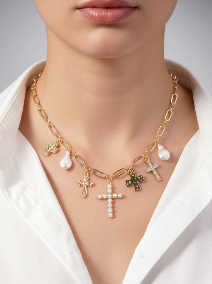 Polished Religious Textured Cross Charm Necklace