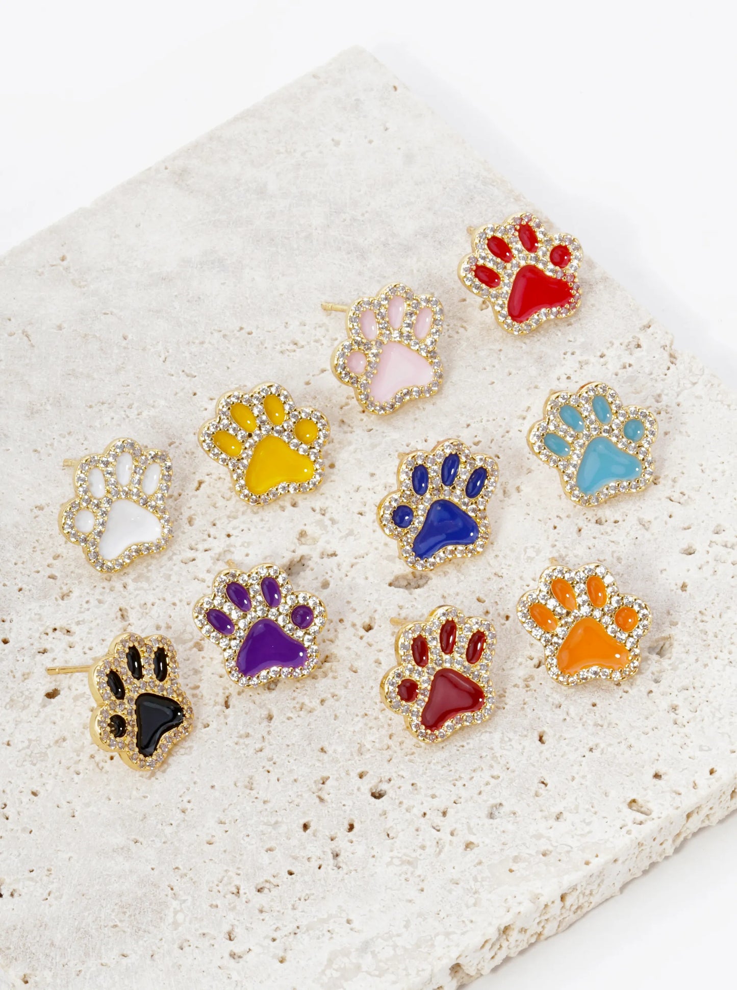 Game Day Mascot 18K Gold Dipped Micro Pave Set Cubic Zirconia 13mm Enamel Paw Stud Earrings