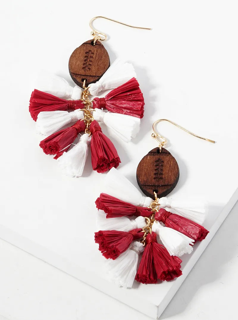 Game Day Wooden Football And Raffia Tassels Drop Dangle Earrings