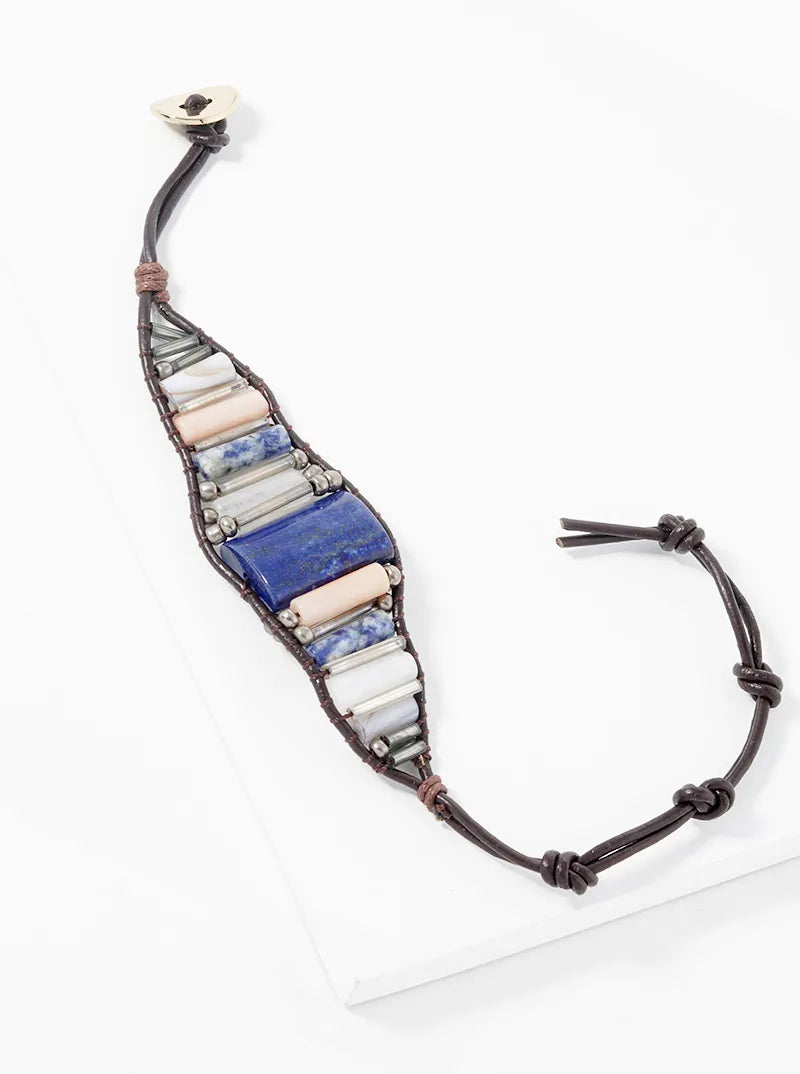 Genuine Leather And Semiprecious Stone Knotted Button Bracelet