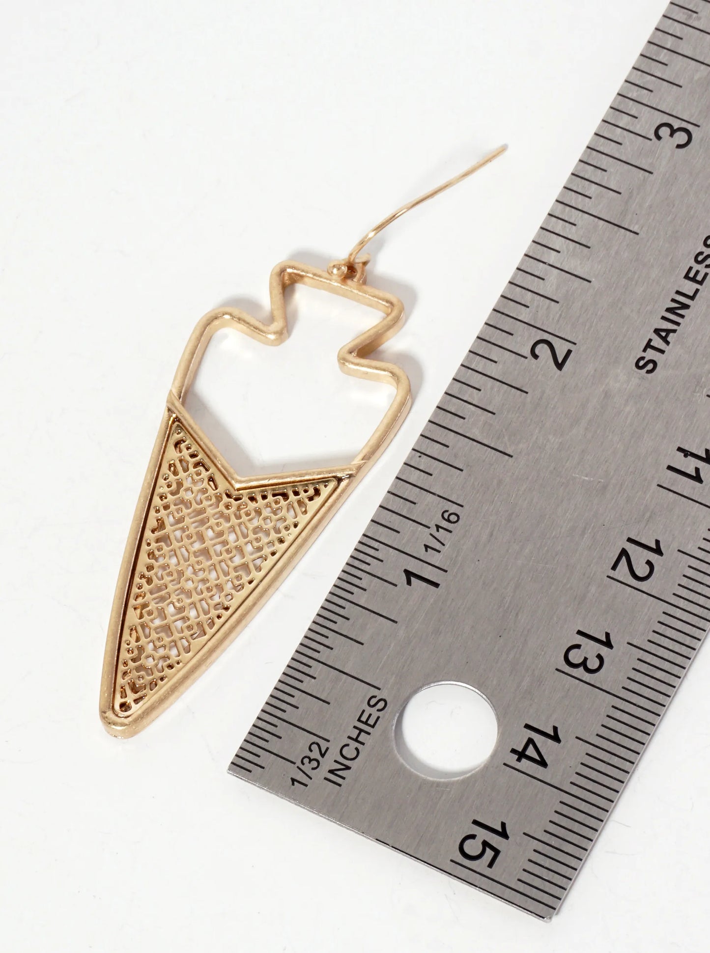 Geometric-Pattern Filigree Arrowhead Dangle Earrings