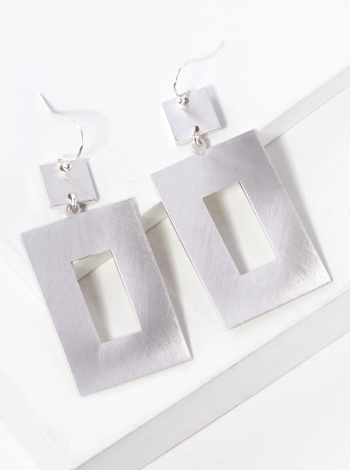 Geometric Rectangular Satin Brass Drop Earrings