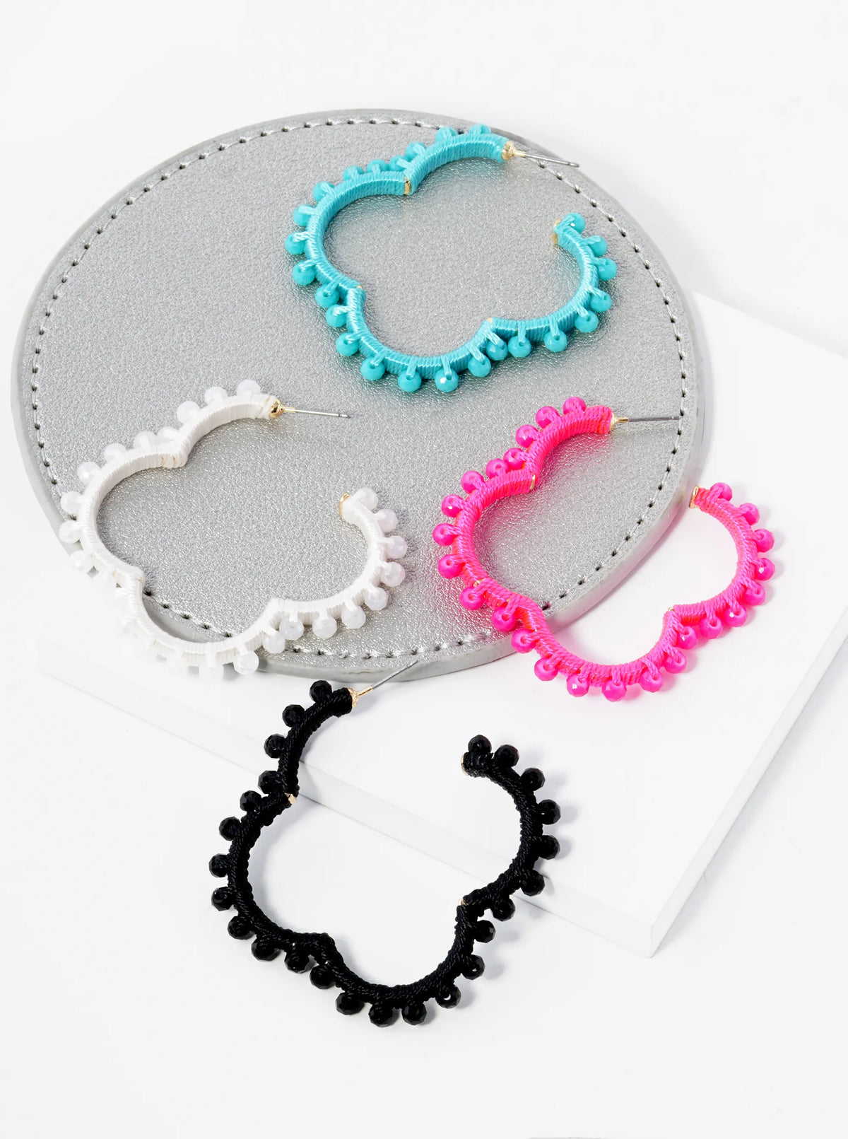 Glass Beaded 45mm Quatrefoil Open Hoop Earrings