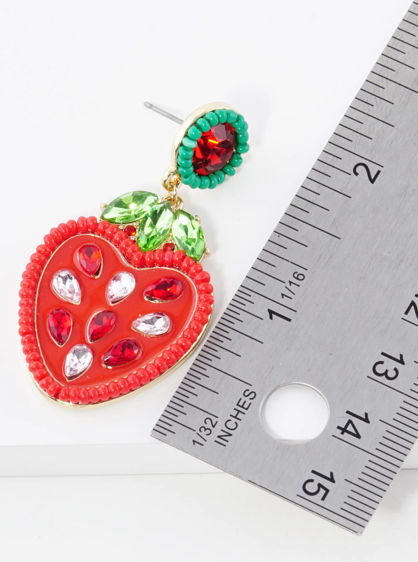Glass Beaded Enamel Strawberry Drop Dangle Post Earrings