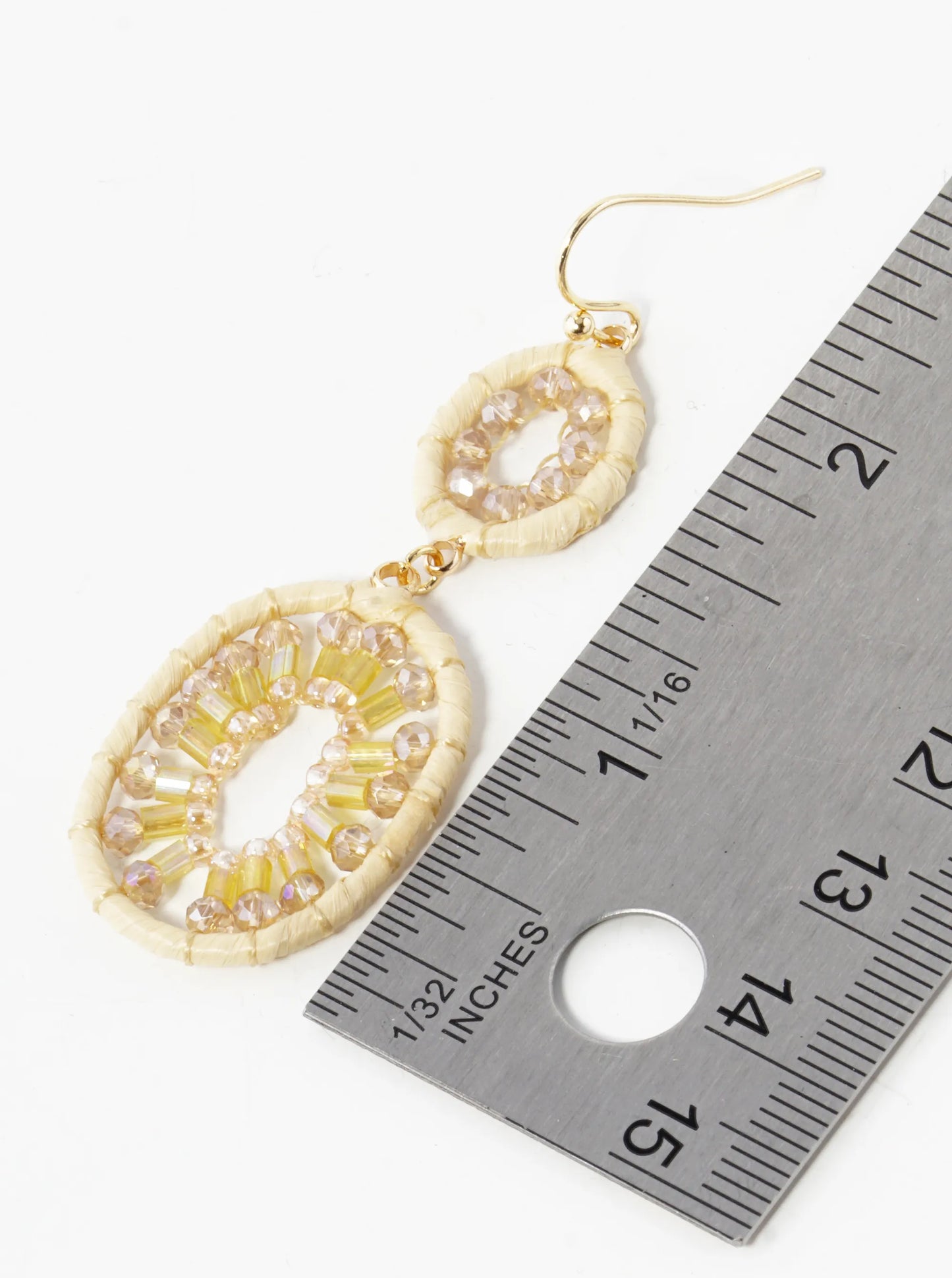 Glass Beaded Raffia Wrapped Double Oval Drop Dangle Earrings