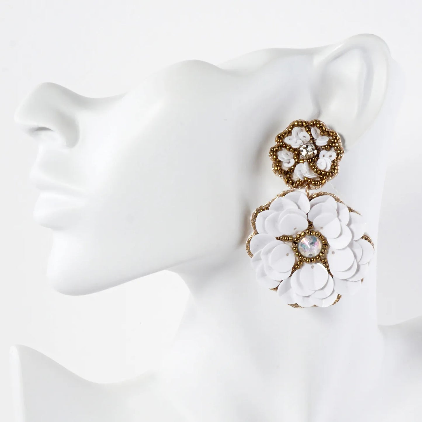 Glass Beaded Sequin Double Flower Drop Statement Earrings