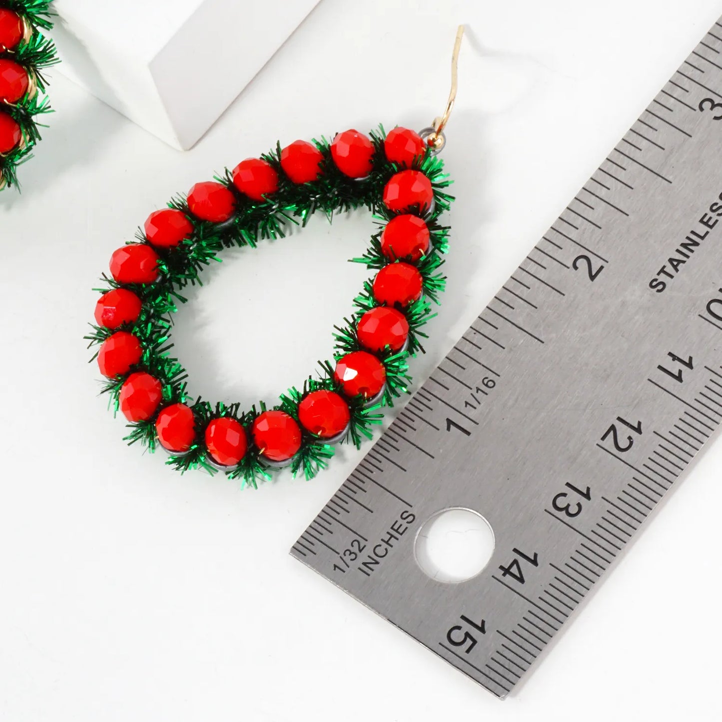 Glass Beaded Teardrop Christmas Wreath Dangle Earrings