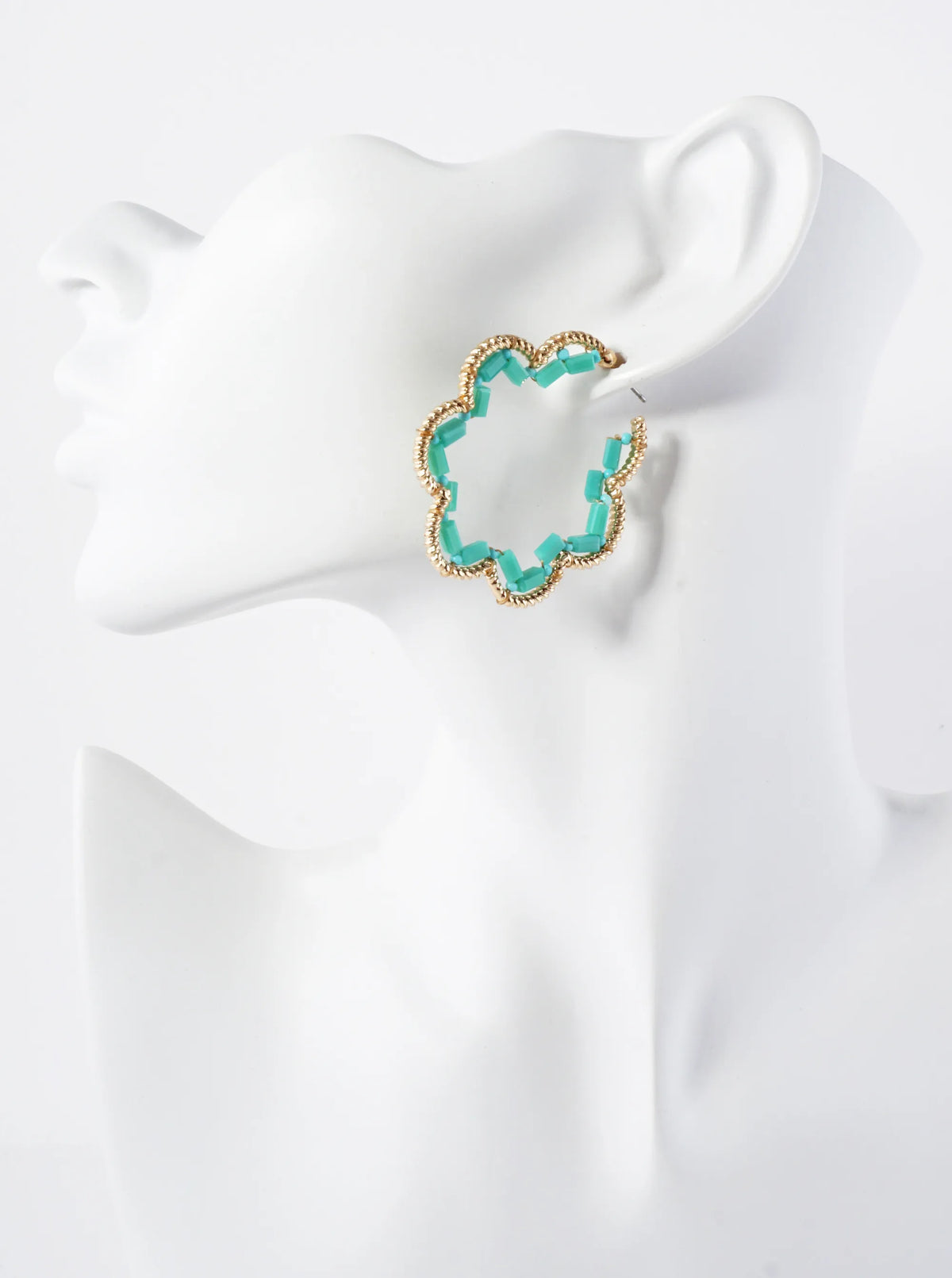 Glass-Beads Thread-Wrapped 45mm Floral Open Hoop Earrings