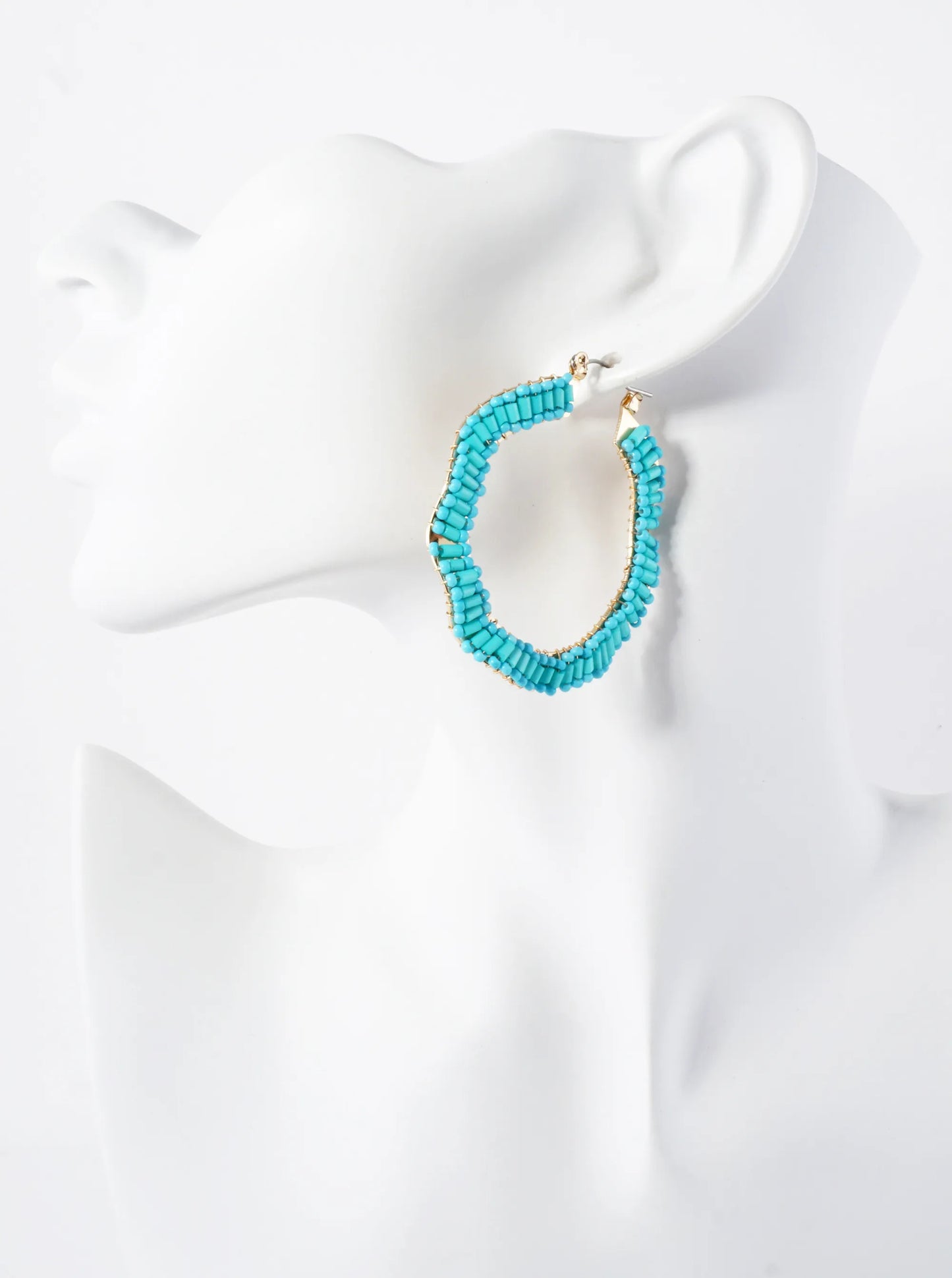 Glass-Beads Wire-Wrapped 50mm Wavy Hinged Hoop Earrings