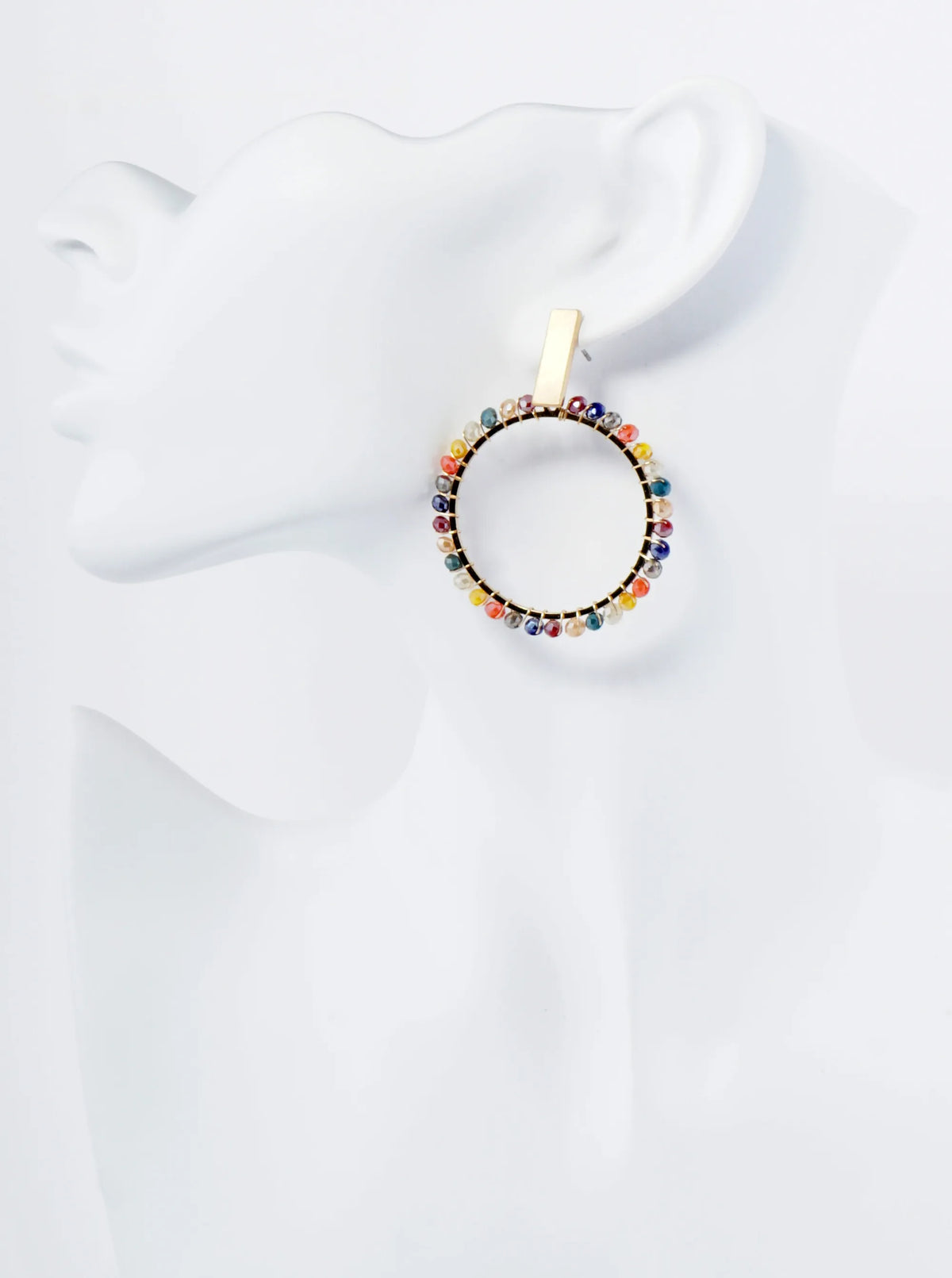 Glass Beads Wire Wrapped Circle Dangle Post Earrings