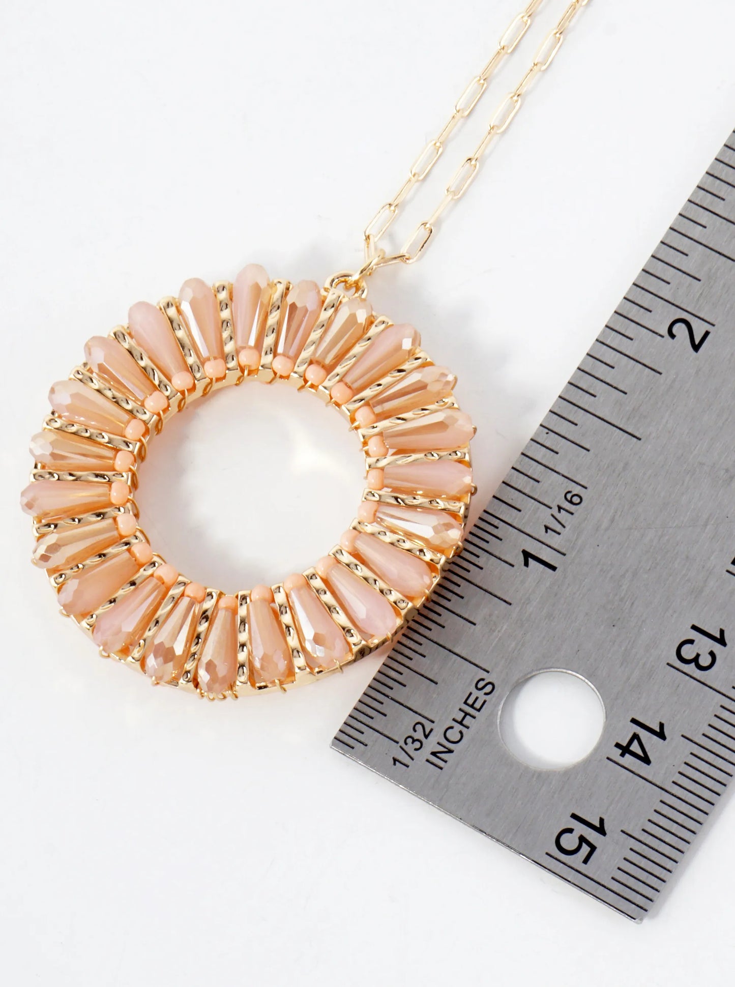 Glass-Beads Wire-Wrapped Circle Pendant 30-inch Long Necklace