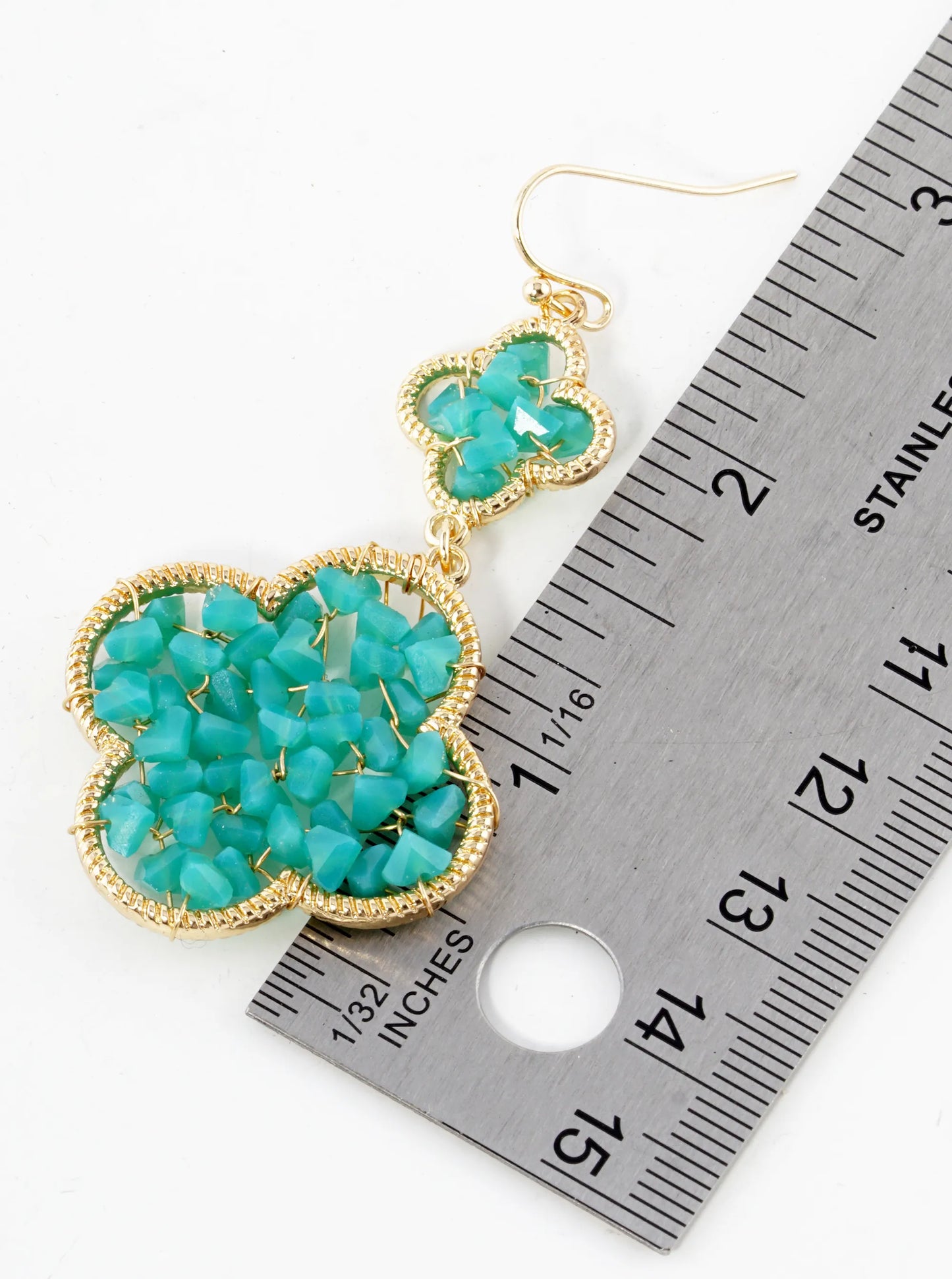 Glass Beads Wire Wrapped Double Quatrefoil Dangle Drop Earrings