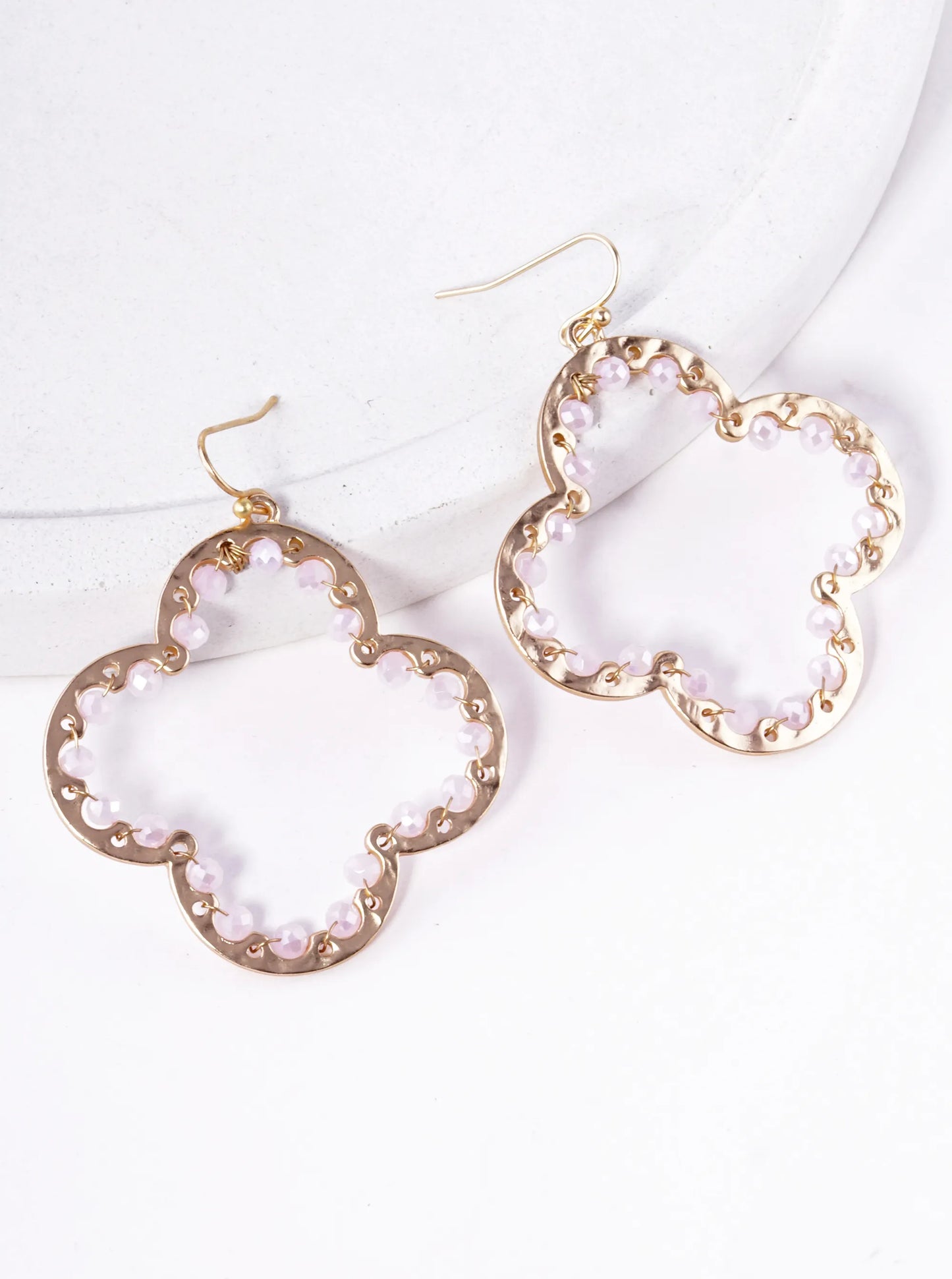 Glass Beads Wire Wrapped Hammered Quatrefoil Dangle Earrings