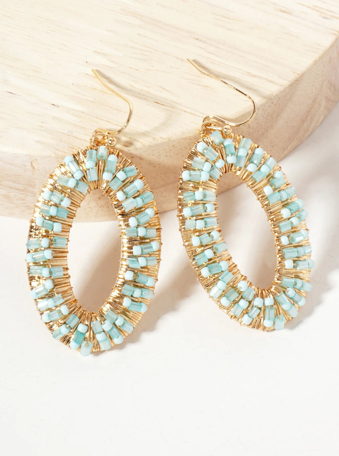 Glass-Beads Wire-Wrapped Oval-Shaped Dangle Earrings