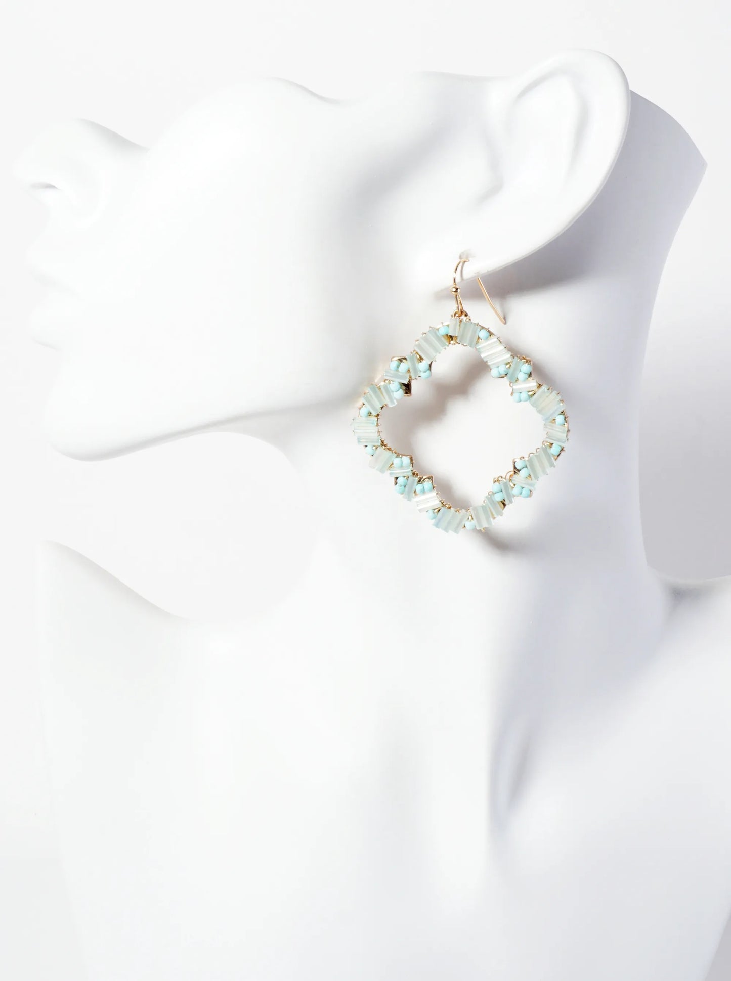 Glass-Beads Wire-Wrapped Quatrefoil Dangle Drop Earrings