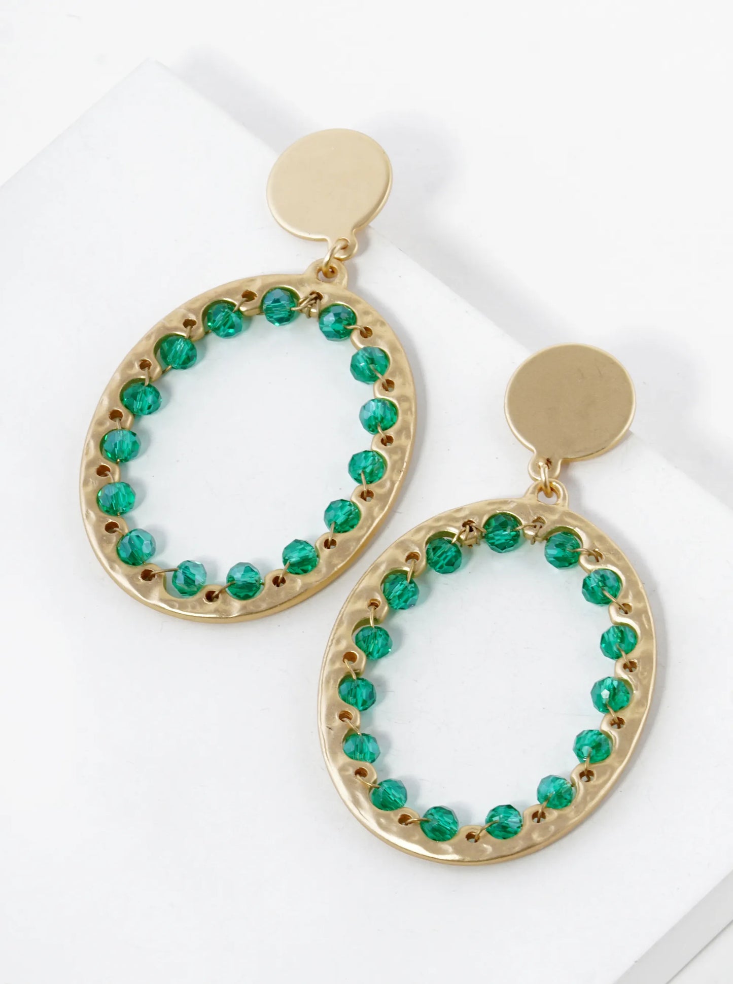 Glass Beads Wired Hammered Oval Drop Earrings