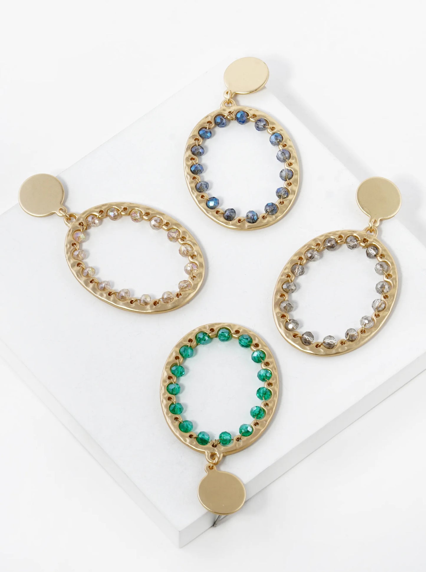 Glass Beads Wired Hammered Oval Drop Earrings