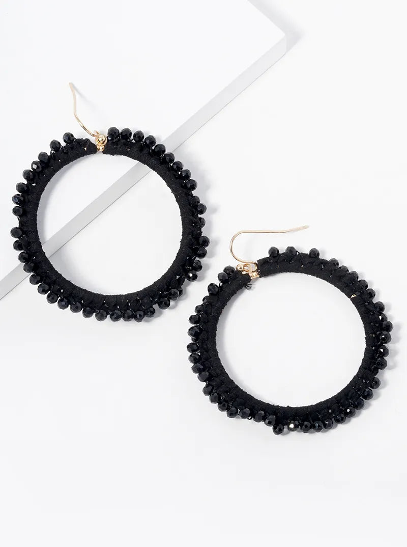 Glass Beads Wired Suede Circle Dangle Drop Earrings