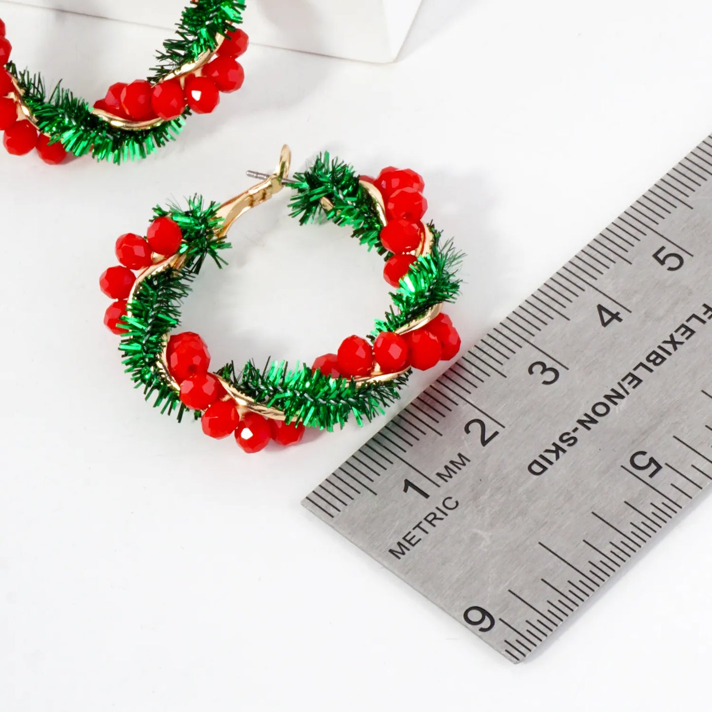 Glass Beads Wrapped 35mm Omega-Back Christmas Hoop Earrings