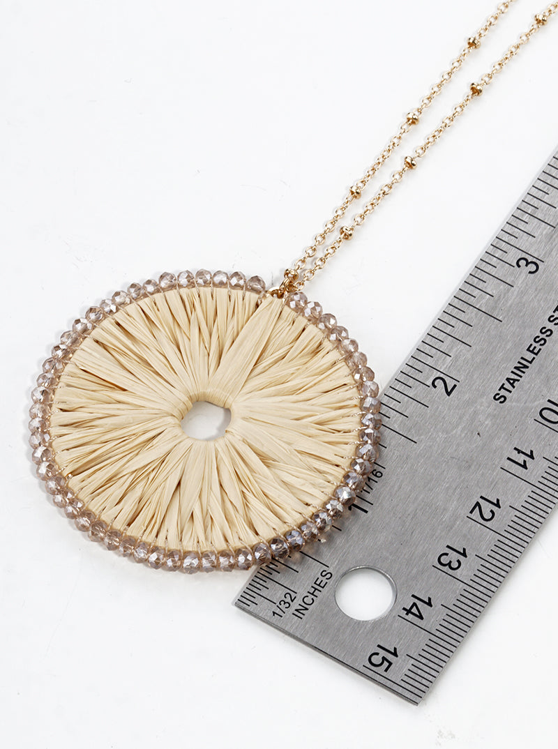 Glass Bead Wrapped Round Raffia Pendant Long Necklace