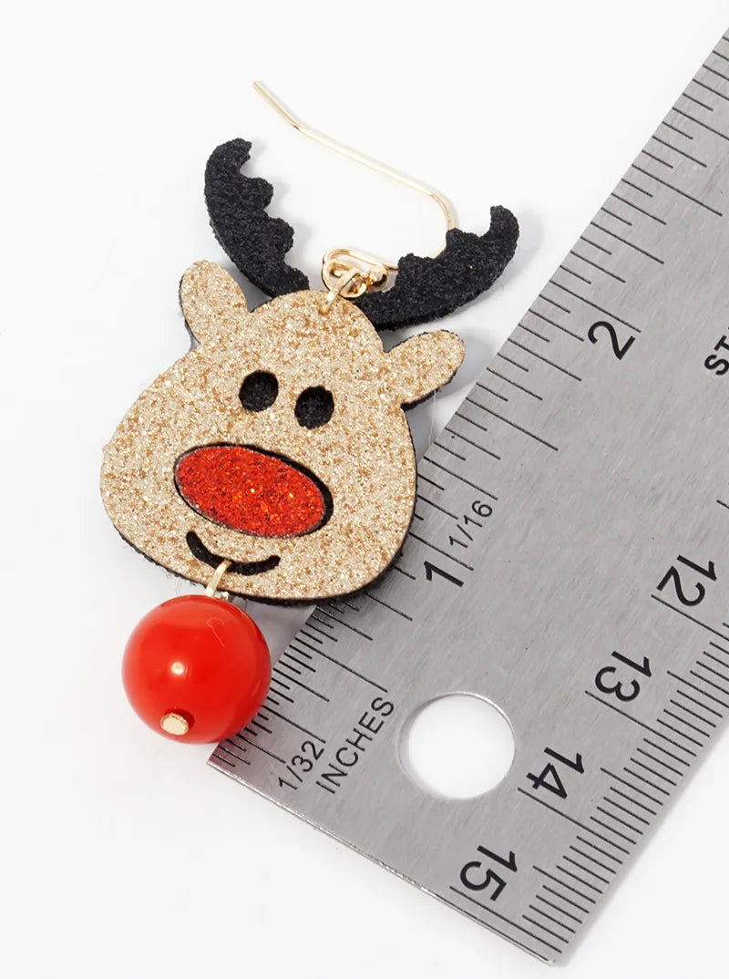 Glitter Felt Rudolph Face Christmas Dangle Drop Earrings