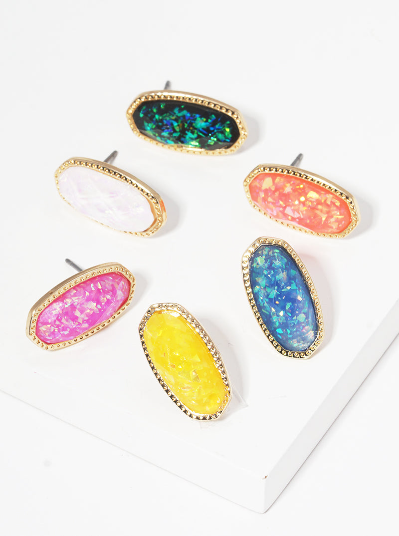 Glitter Filled Faceted Oval Post Stud Earrings