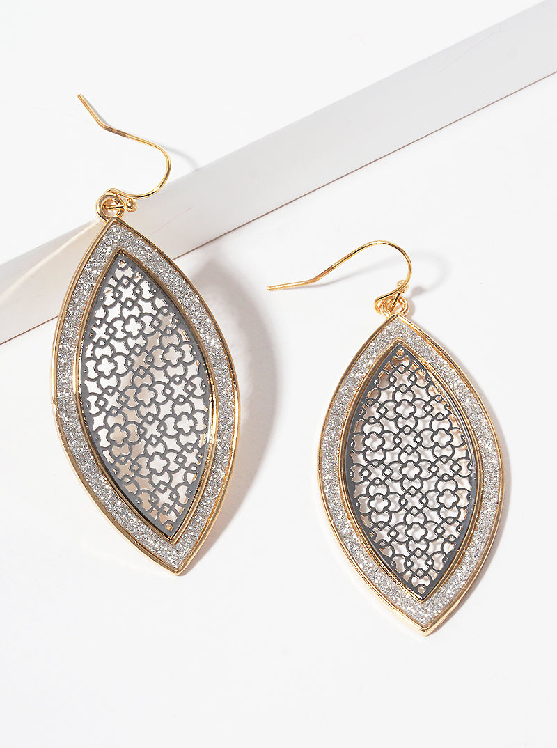 Glitter Filled Two-tone Metal Filigree Marquise Shaped Fish Hook Dangle Drop Earrings