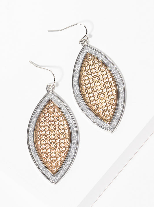 Glitter Filled Two-tone Metal Filigree Marquise Shaped Fish Hook Dangle Drop Earrings
