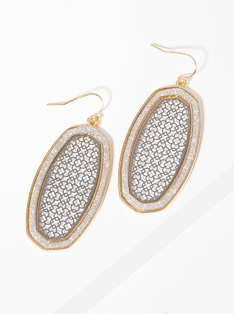 Glitter Filled Two-tone Metal Filigree Moroccan Shaped Fish Hook Dangle Drop Earrings